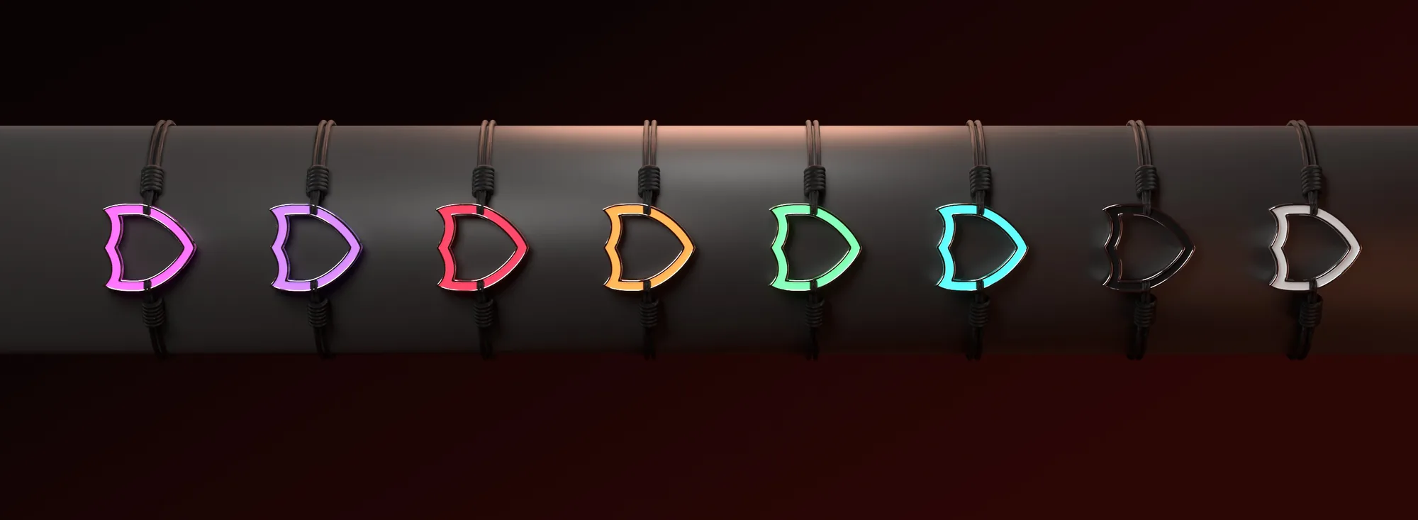 Les mêmes bracelets sous lumière noire, les coloris fluo s'allument